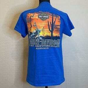 Harley Davidson of Scottsdale Desert Sunset Back Graphic Tee, Royal Blue Cotton